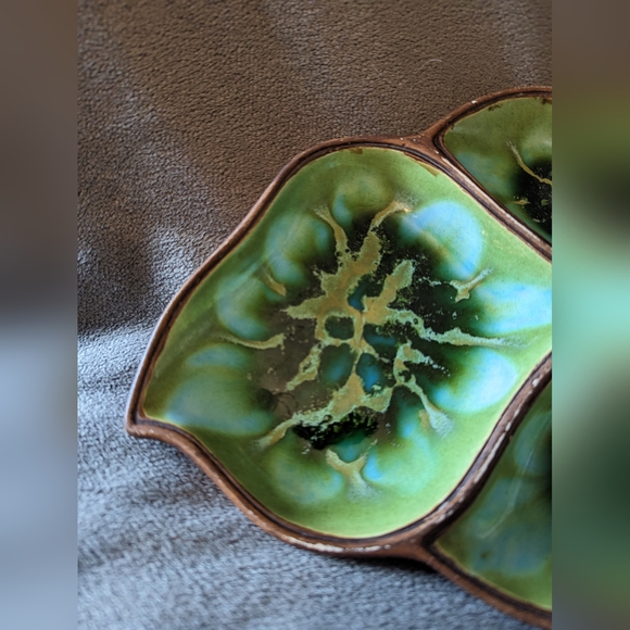 Vintage MCM 1960’s Treasure Craft Divided Leaf Dish Green Trinket Dish 9.5”x6” - Picture 3 of 7